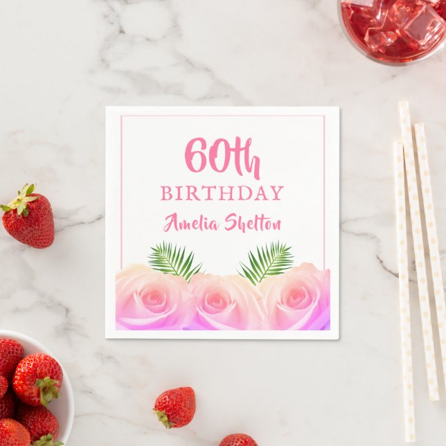 Pink Roses Floral 60th Birthday Party Napkins (Insitu)