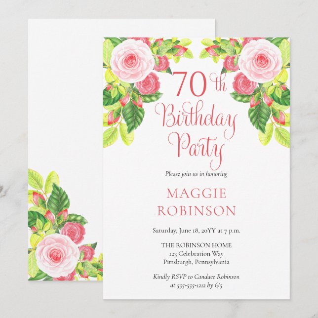 Pink Roses Floral 70th Birthday Party  Invitation (Front/Back)