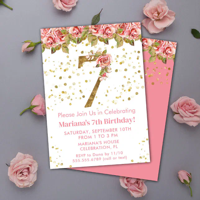 Pink Roses Floral 7th Birthday Party Invitation | Zazzle