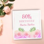 Pink Roses Floral 80th Birthday Party Napkins<br><div class="desc">Pink Rose Floral 80th Surprise Birthday Party Napkins. Birthday floral napkins with beautiful pink roses and tropical leaves. Perfect for a woman who is celebrating her eightieth birthday. Add your name and age.</div>