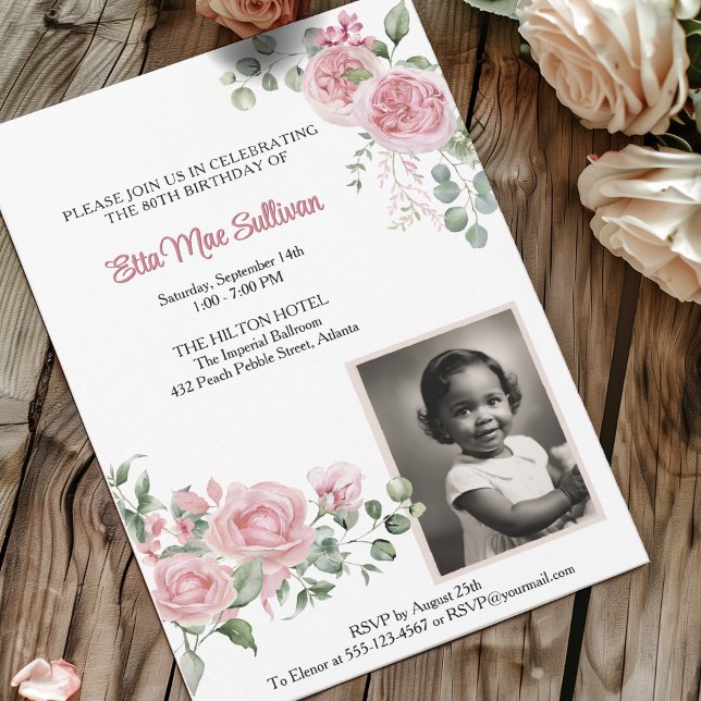 Pink Roses Floral 80th birthday Photo Invitation (Creator Uploaded)