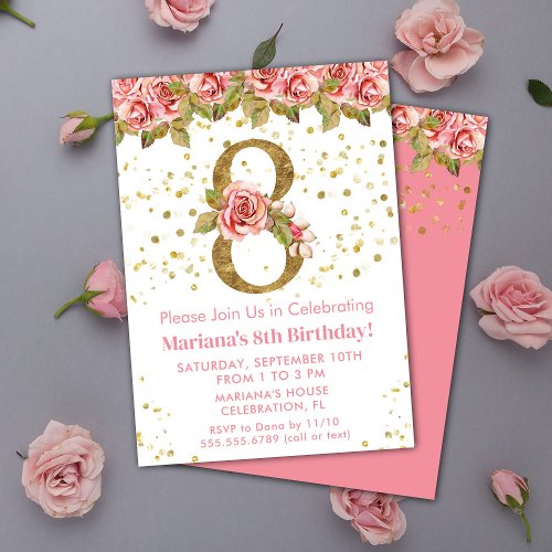 Pink Roses Floral 8th Birthday Party Invitation