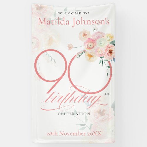 Pink Roses Floral 90th Birthday Party Welcome Banner