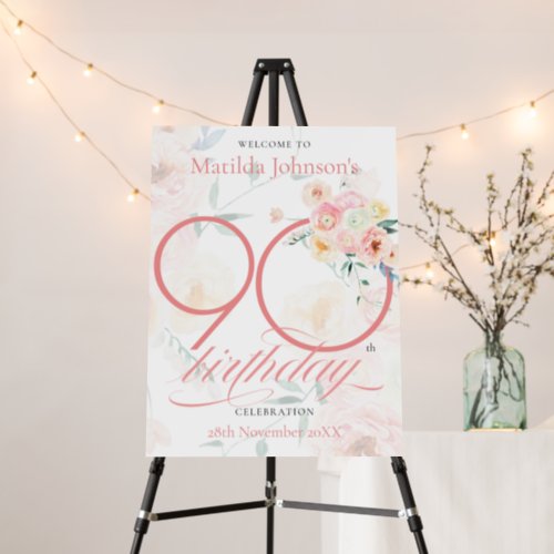 Pink Roses Floral 90th Birthday Party Welcome Foam Board