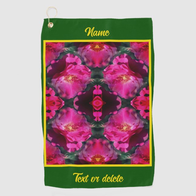 Pink Roses Floral Abstract Art Personalized Golf Towel (Front)