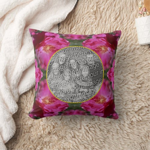 Pink Roses Floral Abstract Frame Add Your Photo    Throw Pillow
