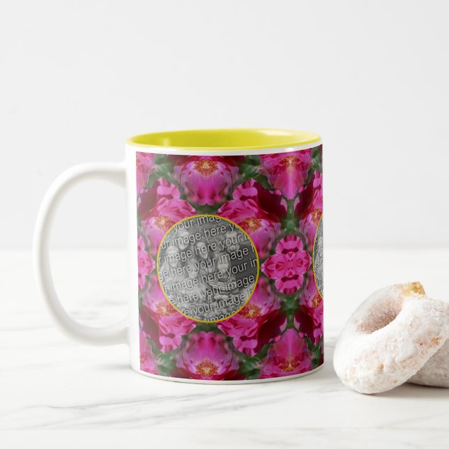 Pink Roses Floral Abstract Frame Add Your Photo    Two-Tone Coffee Mug (With Donut)
