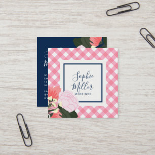 Pink Roses Floral and Pink Gingham Square Business Card