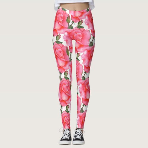 Pink Roses Floral Art Leggings