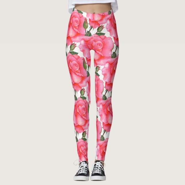 Pink Roses Floral Art Leggings (Front)