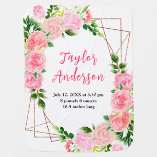 Pink Roses Floral Baby Birth Stats Baby Blanket