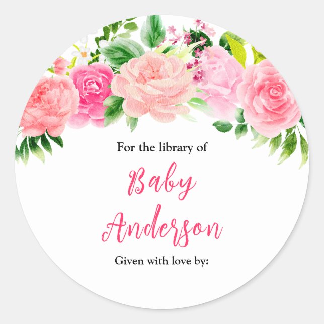 Pink Roses Floral Baby Shower Bookplate (Front)