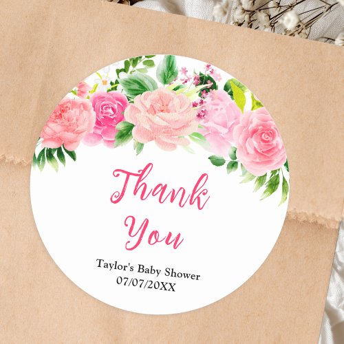 Pink Roses Floral Baby Shower Thank You Classic Round Sticker