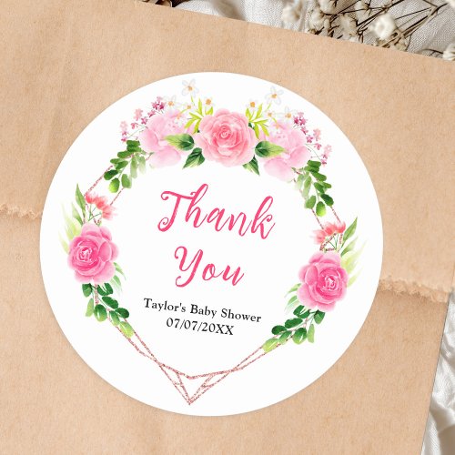 Pink Roses Floral Baby Shower Thank You Classic Round Sticker