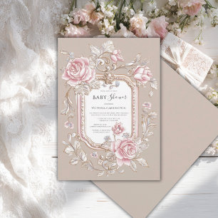 Pink Roses Floral Beige Vintage Baby Shower Invitation