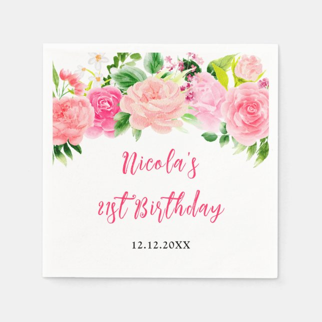 Pink Roses Floral Birthday Napkins (Front)