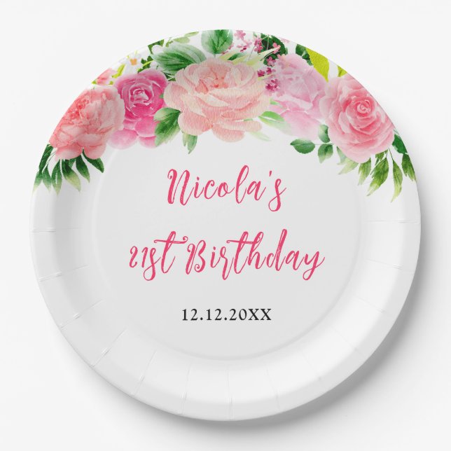 Pink Roses Floral Birthday Paper Plates (Front)