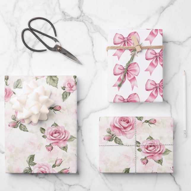 Pink Roses Floral Birthday Wrapping Paper Sheets (Front)