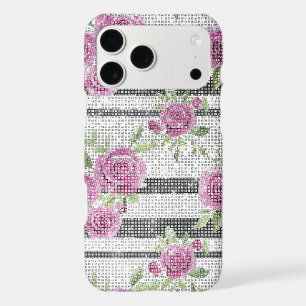 Pink Roses Floral Black Stripes Sparkle iPhone 17 Pro Max Case