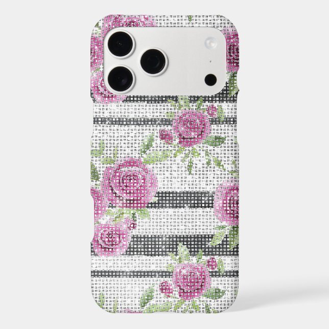 Pink Roses Floral Black Stripes Sparkle iPhone Case (Back)