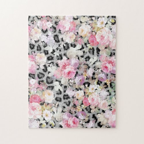 Pink roses floral black white animal print jigsaw puzzle