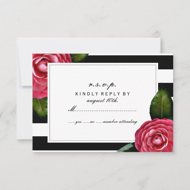 Pink Roses Floral Black + White Stripe RSVP (Front)