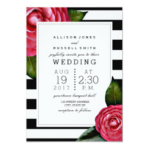Pink Roses Floral Black White Stripe Wedding 5x7 Paper Invitation Card