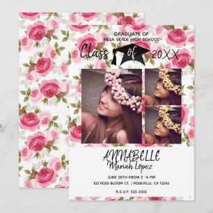 Pink Roses Floral Blooms Graduation Party 3 Photo Invitation