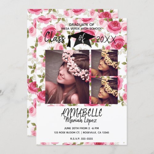 Pink Roses Floral Blooms Graduation Party 3 Photo Invitation