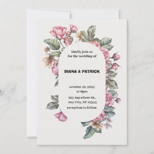 Pink Roses Floral Boho Elegant Watercolor Wedding Invitation