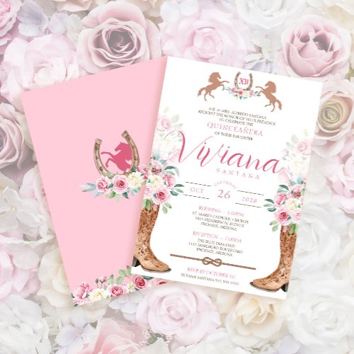 Pink Roses Floral Boots Western Charra Quinceanera Invitation