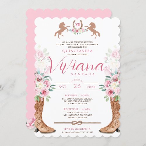 Pink Roses Floral Boots Western Charro Quinceaera Invitation