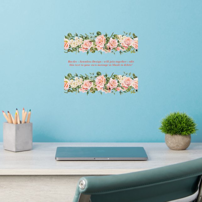 Pink Roses Floral  Border Seamless Add Text 12" Wa Wall Decal (Home Office 2)