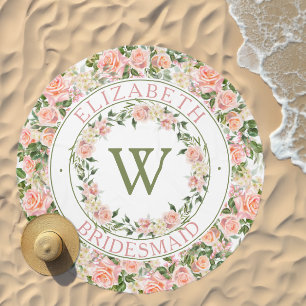 Pink Roses Floral Botanical Monogram Bridesmaid Beach Towel