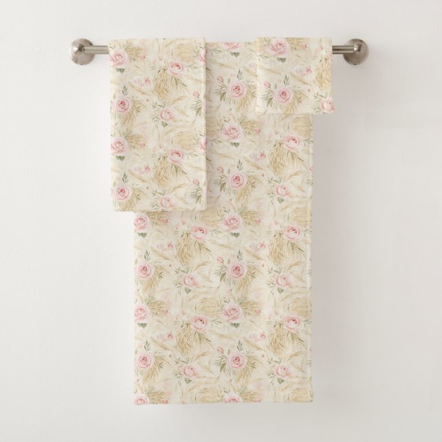 Pink Roses Floral Bridal Shower Bath Towel Set (Insitu)