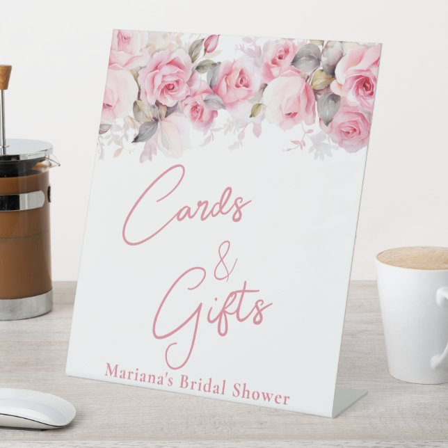 Pink Roses Floral  Bridal Shower Cards & Gifts Pedestal Sign (In SItu)