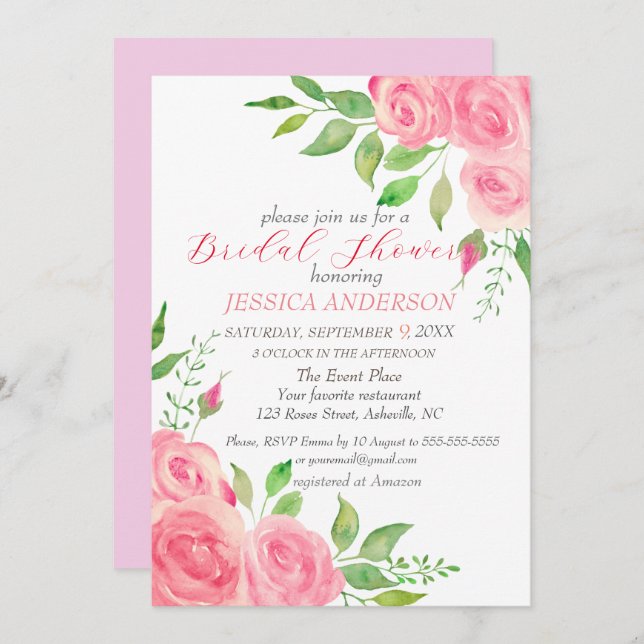 Pink Roses Floral Bridal Shower Invitation (Front/Back)