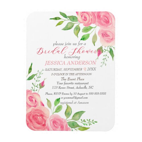 Pink Roses Floral Bridal Shower Invitation Magnet