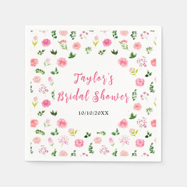 Pink Roses Floral Bridal Shower Napkins (Front)