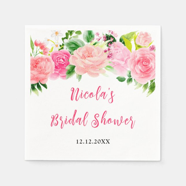 Pink Roses Floral Bridal Shower Napkins (Front)