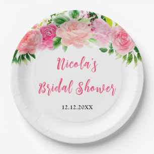 Pink Roses Floral Bridal Shower Paper Plates