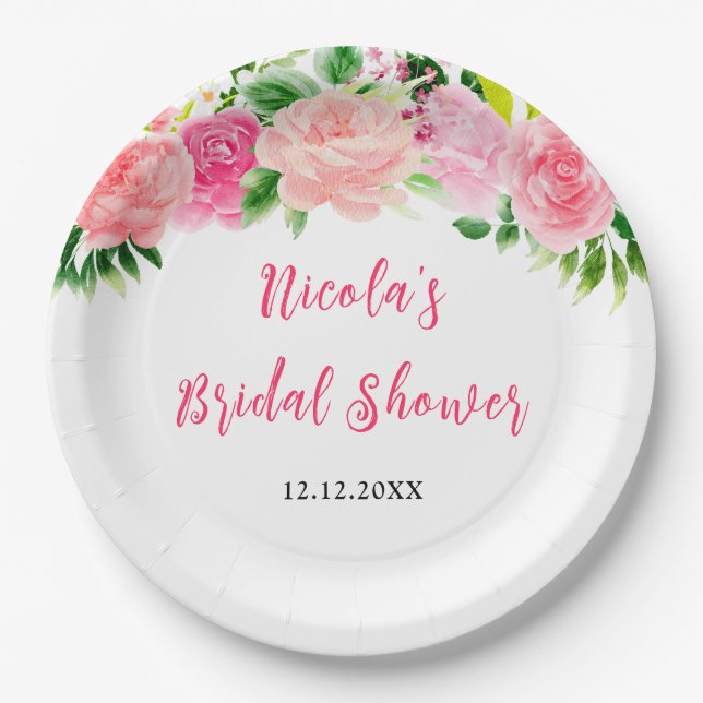 Pink Roses Floral Bridal Shower Paper Plates (Front)