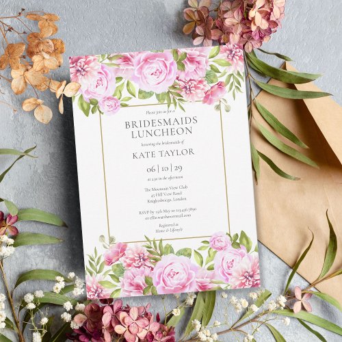 Pink Roses Floral Bridesmaids Luncheon Invitation