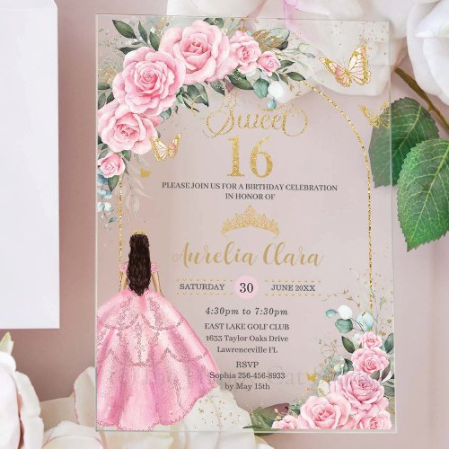 Pink Roses Floral Brunette Girl Gold Sweet Sixteen Acrylic Invitations