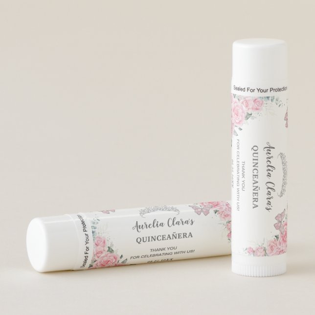 Pink Roses Floral Butterflies Quinceañera XV 16 Lip Balm (Front)