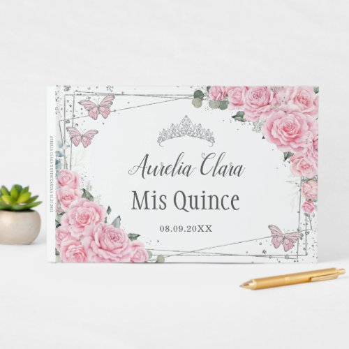 Pink Roses Floral Butterflies Silver QUINCEAERA Guest Book