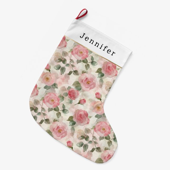 Pink Roses Floral Christmas Large Christmas Stocking (Front (Hanging))