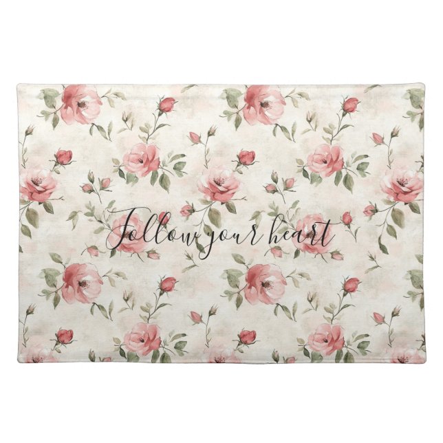 Pink Roses Floral  Cloth Placemat (Front)