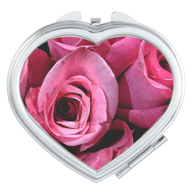 Pink Roses Floral Compact Mirror (Front)