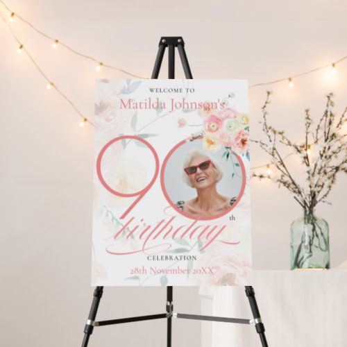 Pink Roses Floral Custom Photo 90th Birthday Party Foam Board